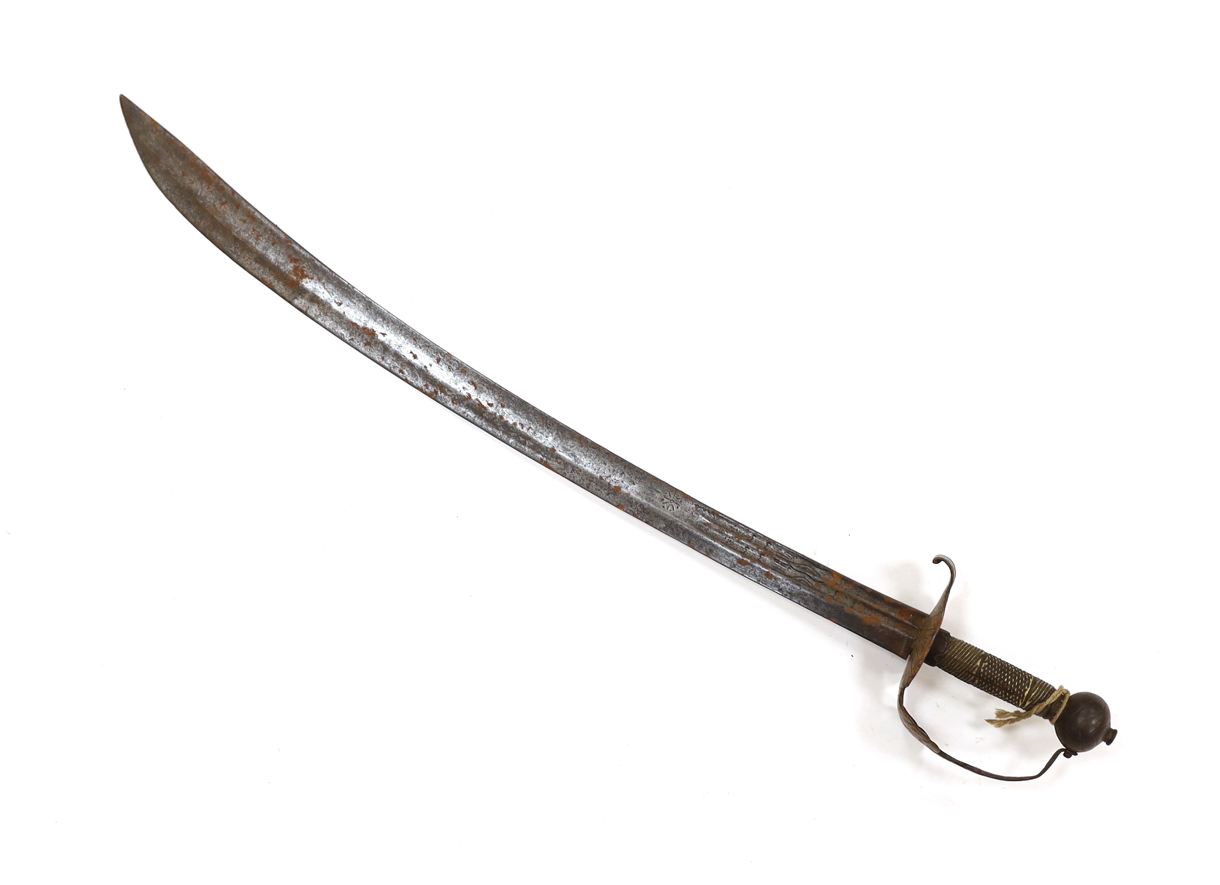 An English hangar, mid 17th century, curved fullered blade engraved with spurious date 1535 and running wolf mark, iron guard slightly reduced and swollen pommel, spirally carved and chequered bone grip, blade 67.5cm
